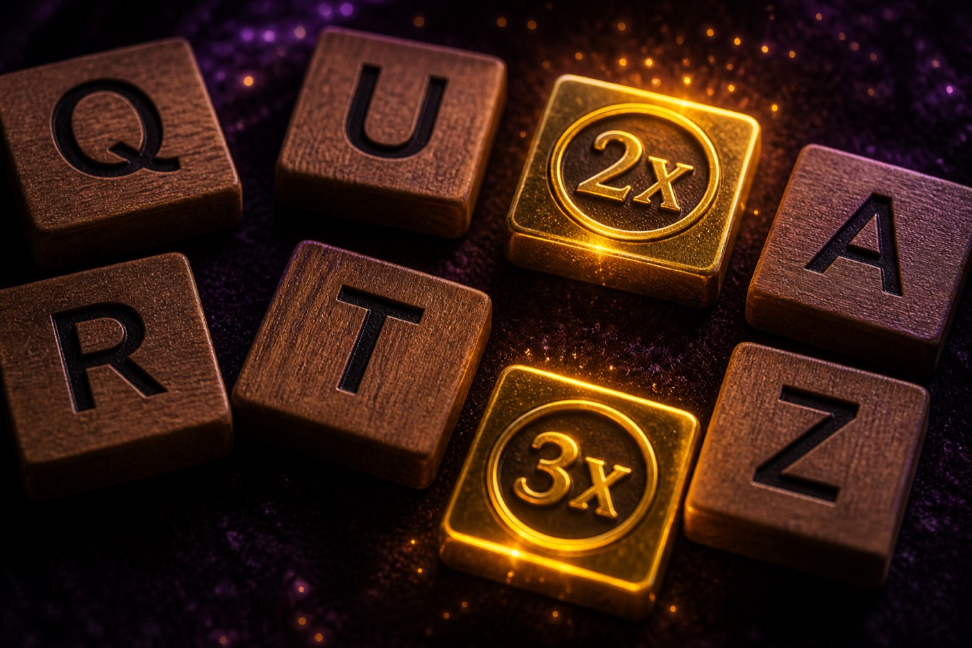 Close-up of word-game tiles with glowing gold multiplier light
