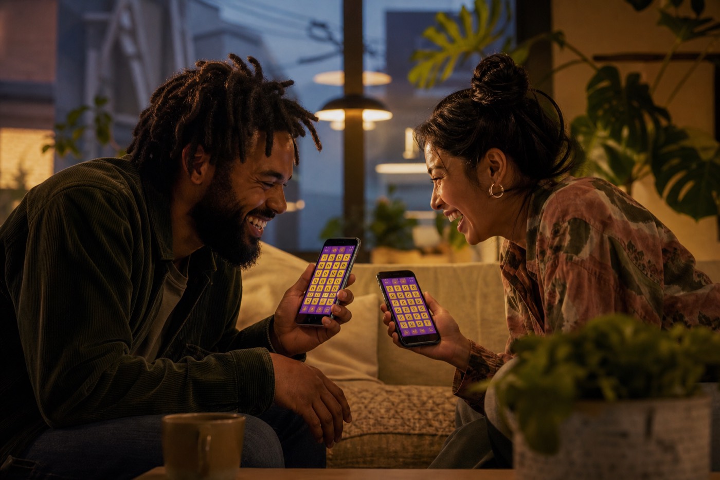 Friends competing on their phones in a warmly lit living room