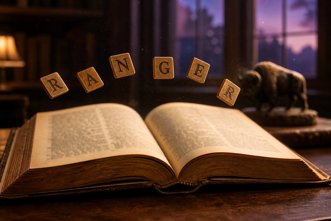 Wooden letter tiles floating above an open dictionary
