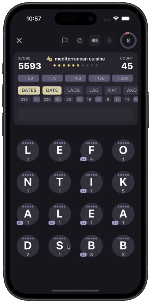 Word Herd on a phone: a 4x4 letter board, live score, and found words
