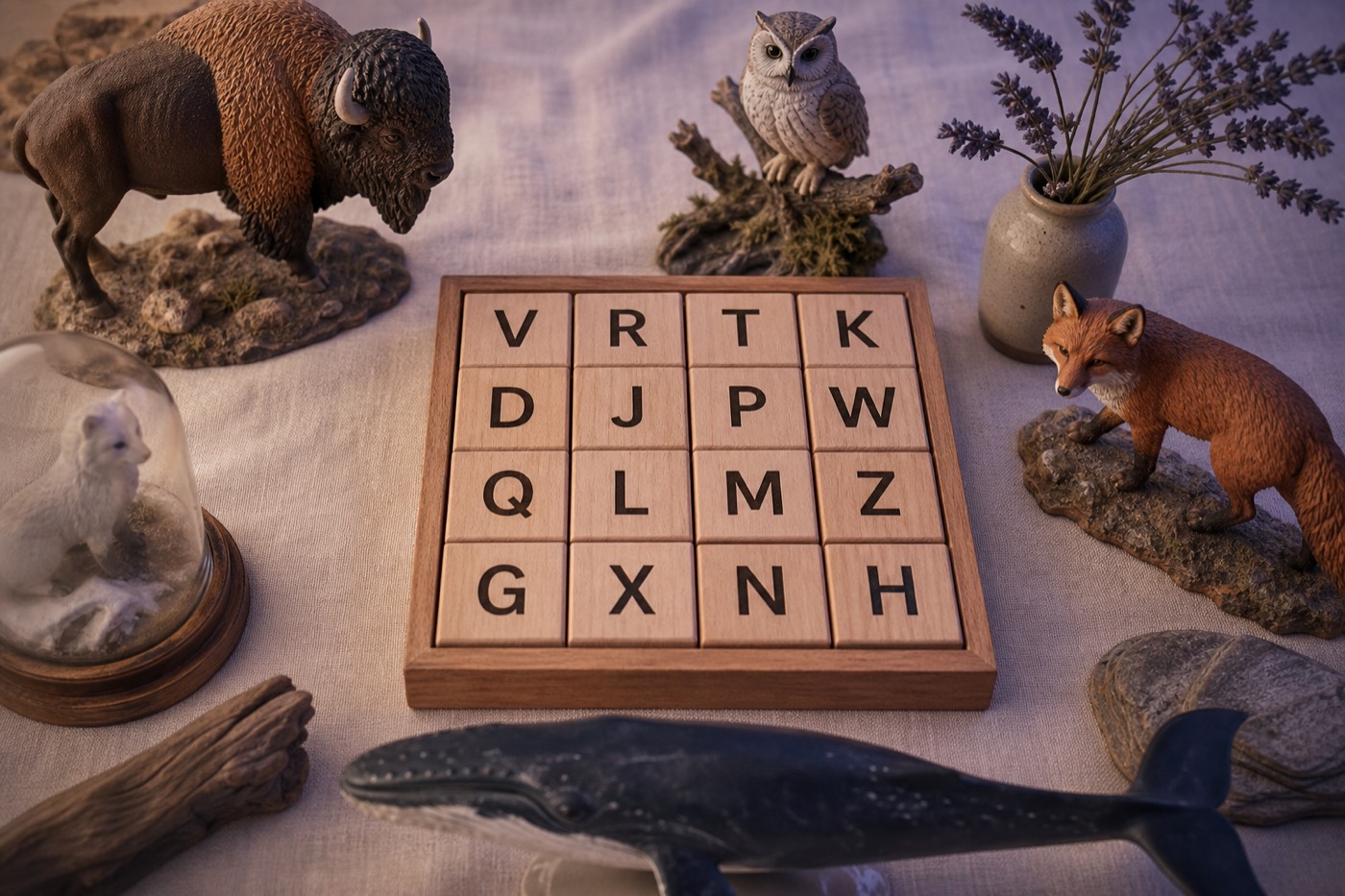 A letter board surrounded by small animal figurines