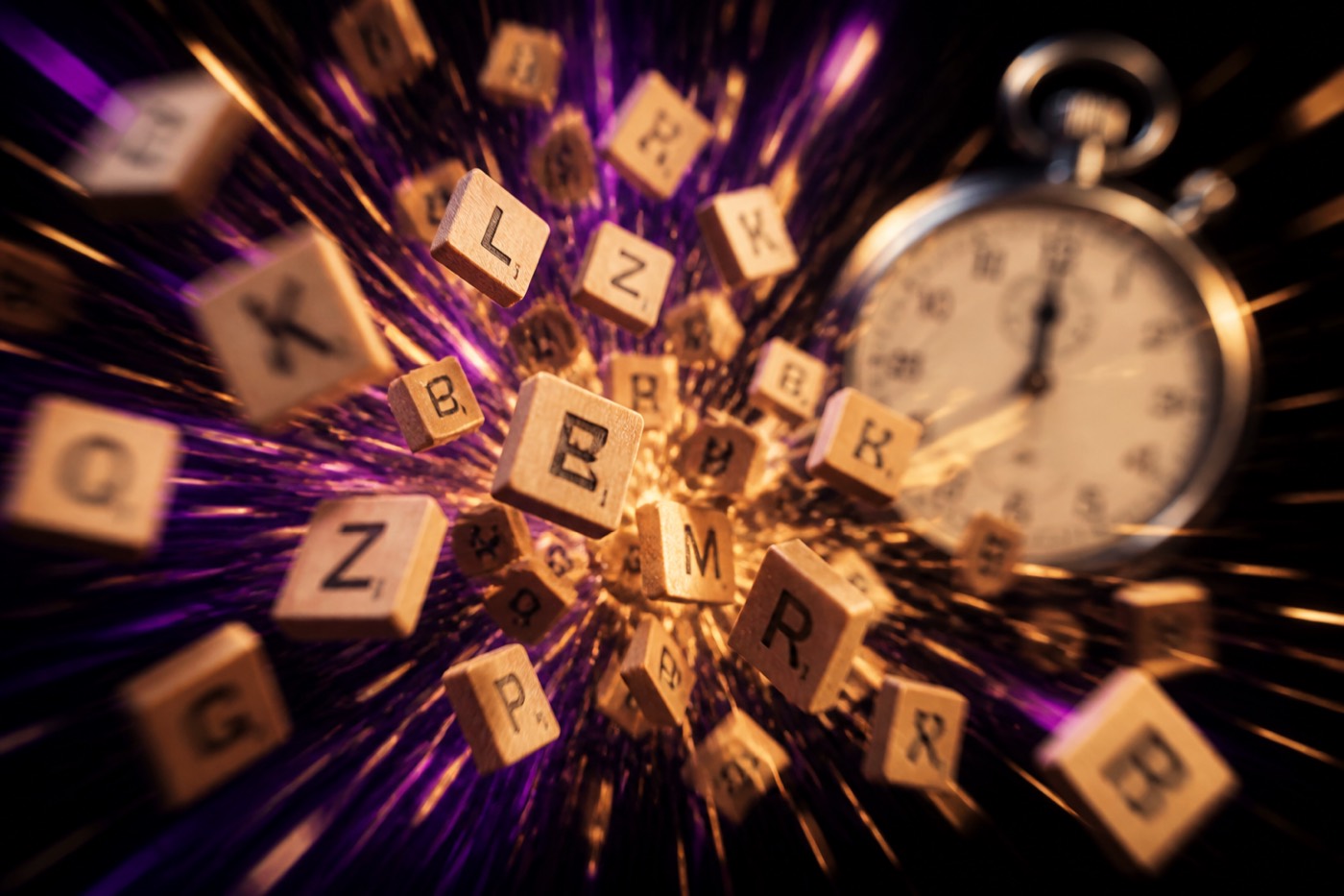 Letter tiles in motion against gold and violet light